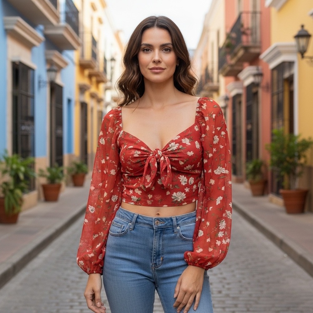 Lulus Top Womens Red Floral Embroidered Knot Front Crop Blouse S Excellent